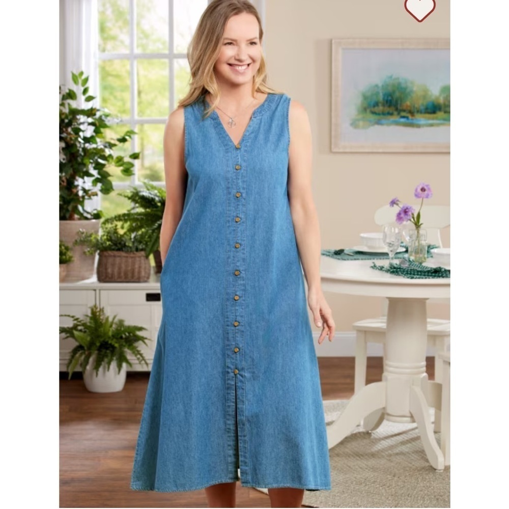 COLDWATER CREEK MAXI DENIM SLEEVELESS BUTTON FRONT DRESS SIZE LARGE